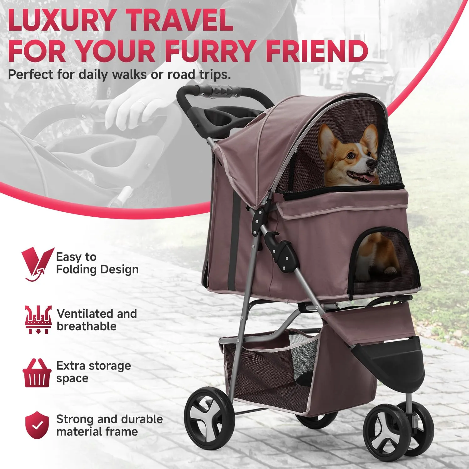 3-Wheel Pet Stroller for Cats & Small Dogs with Weatherproof Cover, Cup Holders & Undercarriage Baske - Foldable Design, CAAP-DGS-A78-CF