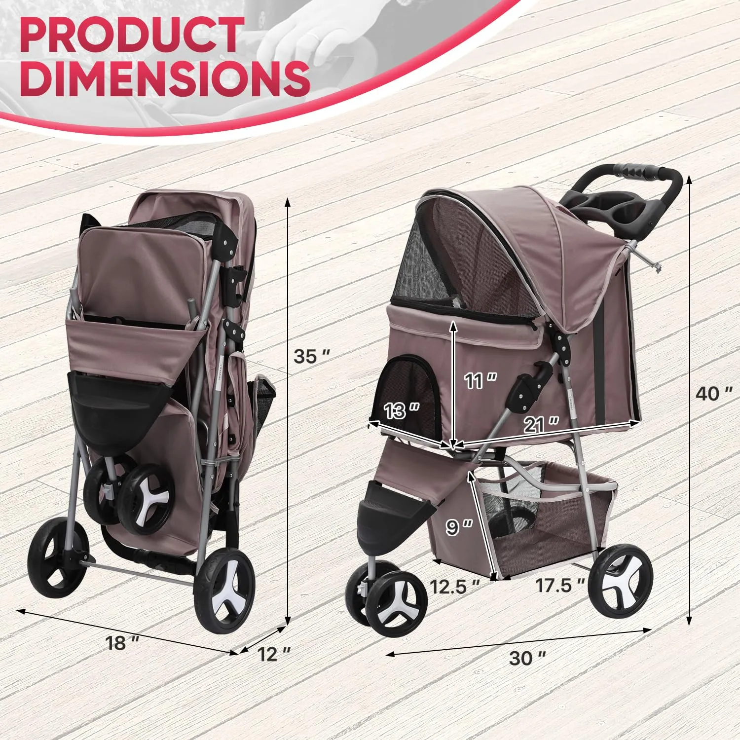3-Wheel Pet Stroller for Cats & Small Dogs with Weatherproof Cover, Cup Holders & Undercarriage Baske - Foldable Design, CAAP-DGS-A78-CF