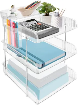 4 Tier Countertop Letter Tray, Clear Office Desk Letter Organizers A4 File Tray, Stackable Paper Organizer, File Holder with Pen Holder and Extra Storage Box for Home Office School