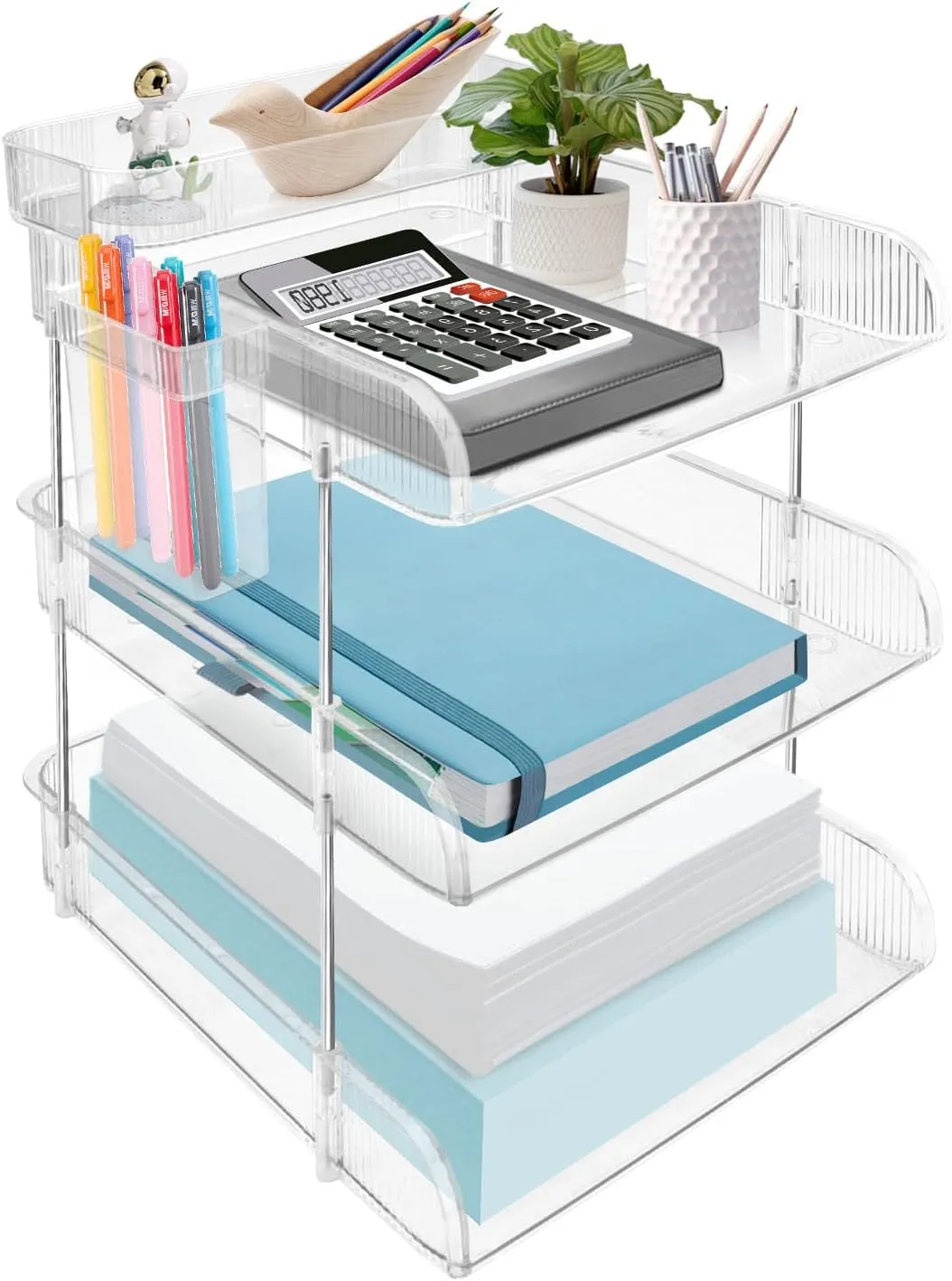 4 Tier Countertop Letter Tray, Clear Office Desk Letter Organizers A4 File Tray, Stackable Paper Organizer, File Holder with Pen Holder and Extra Storage Box for Home Office School