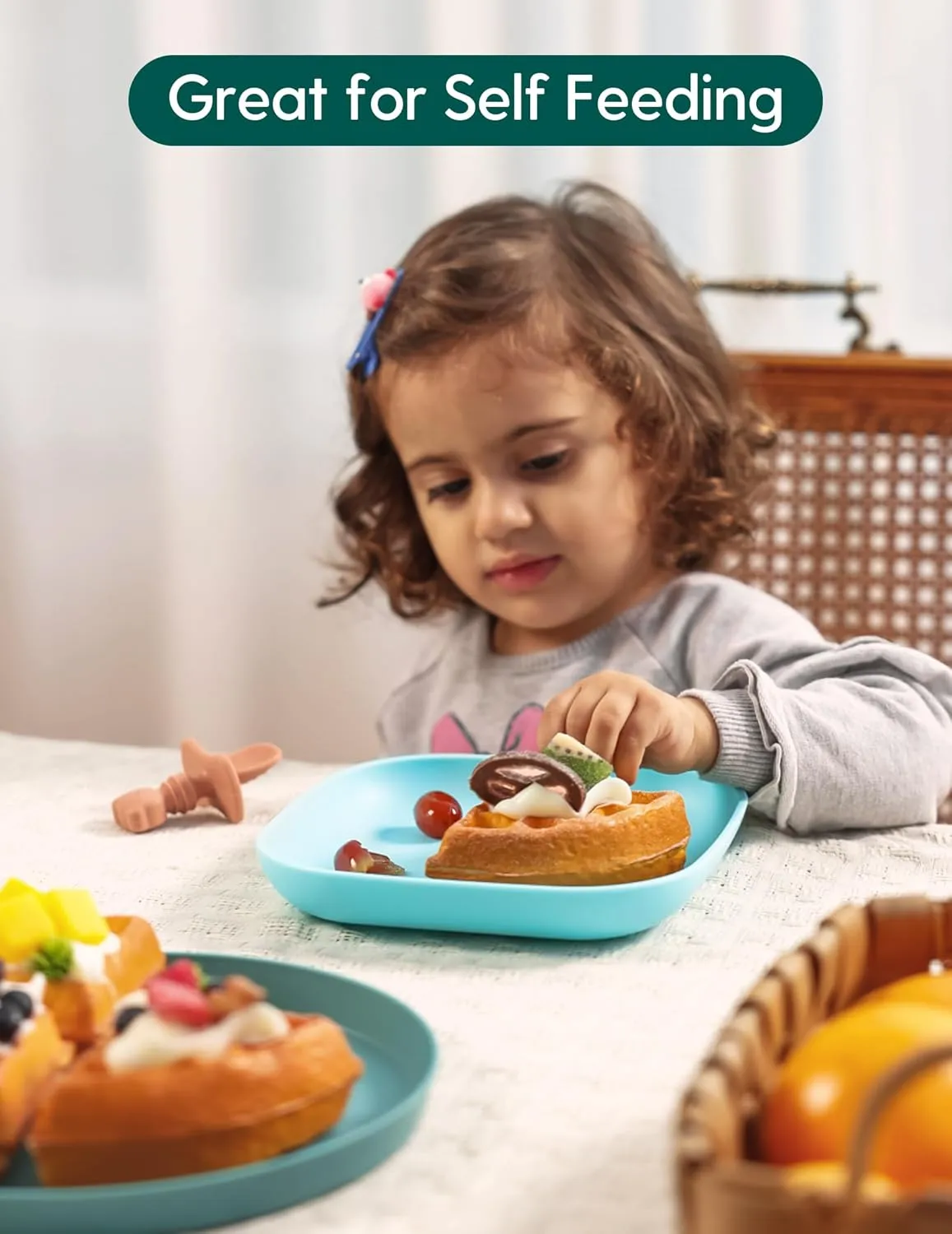 BABELIO Silicone Toddler Plates, 2 Pack Undivided Baby Self Feeding Utensils, BPA Free, Microwave, Oven and Dishwasher Safe (Azure)