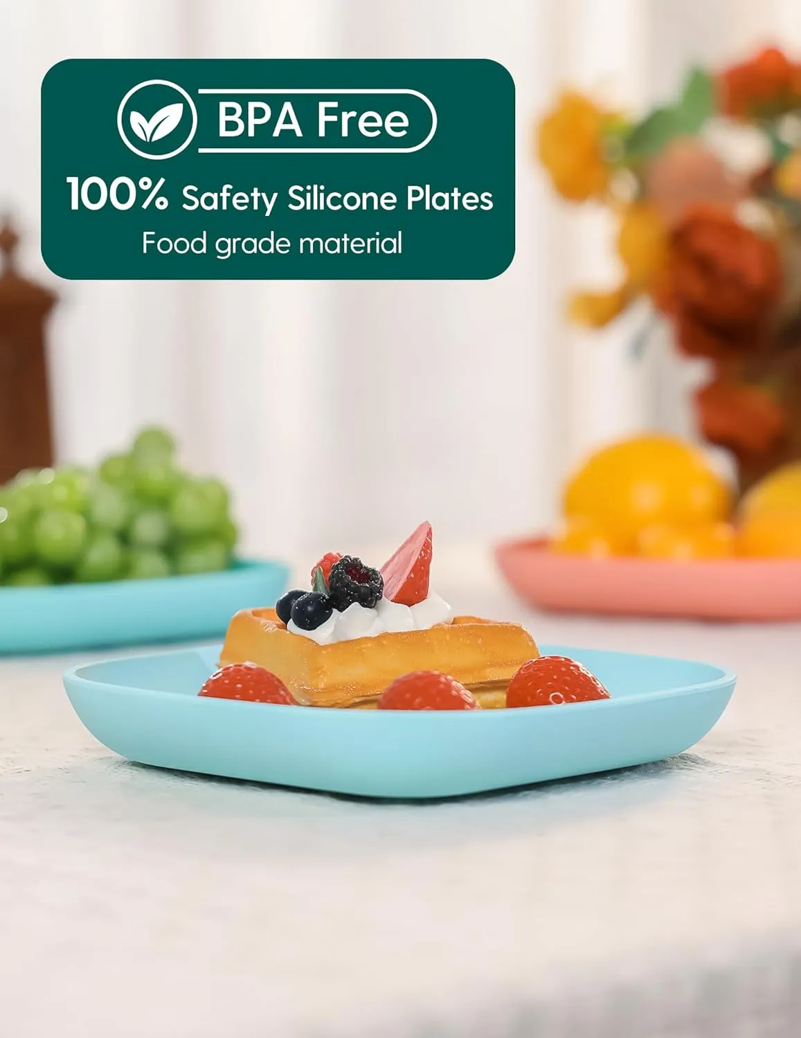 BABELIO Silicone Toddler Plates, 2 Pack Undivided Baby Self Feeding Utensils, BPA Free, Microwave, Oven and Dishwasher Safe (Azure)