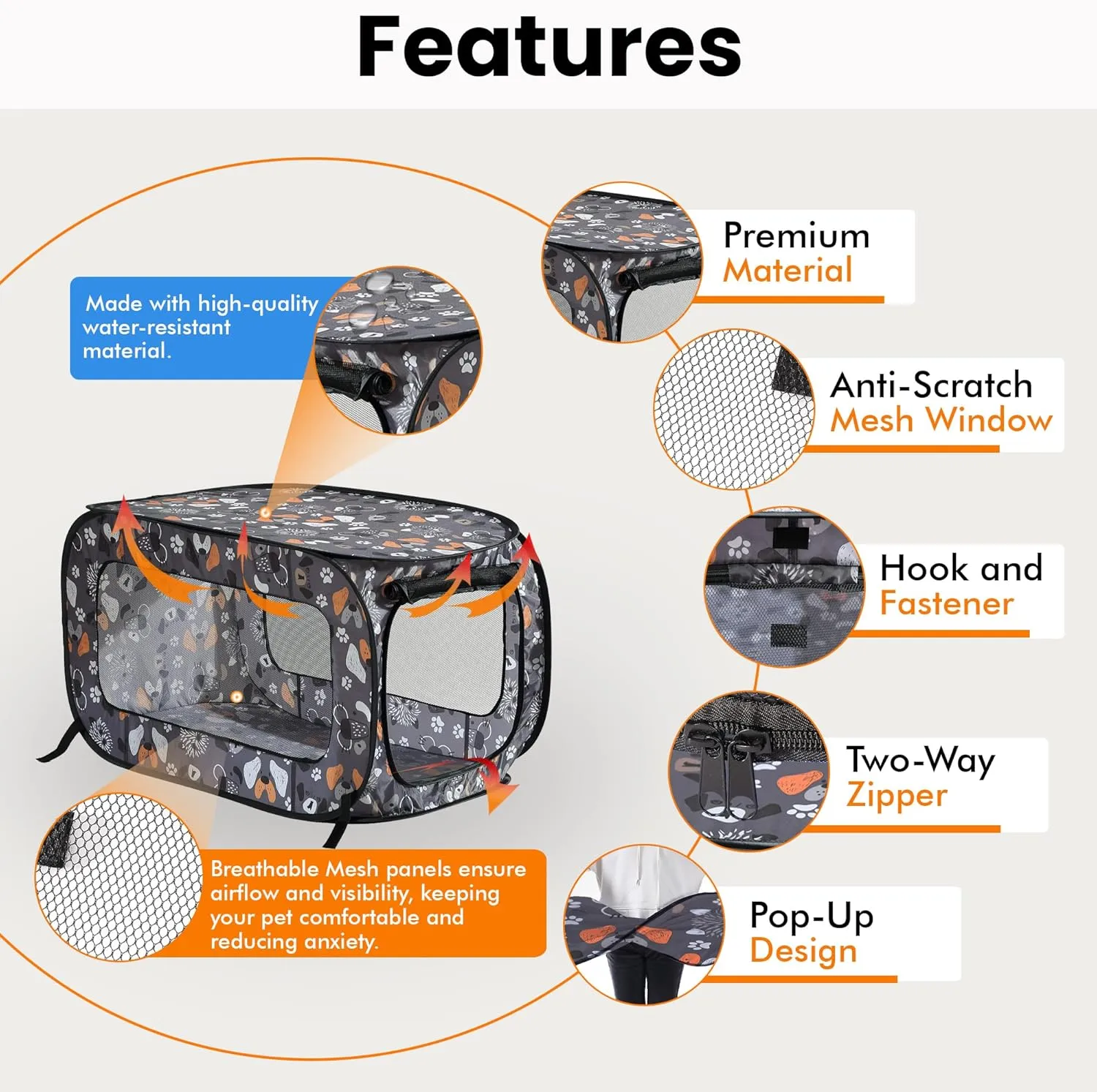 Beatrice Home Fashions Portable, Collapsible, Pop Up Kennel Travel Cat and Dog Crate, 32.5" L x 19.5" W x 19.5" H, Face of Love