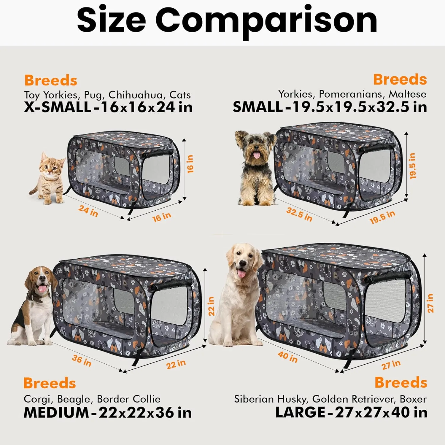 Beatrice Home Fashions Portable, Collapsible, Pop Up Kennel Travel Cat and Dog Crate, 32.5" L x 19.5" W x 19.5" H, Face of Love
