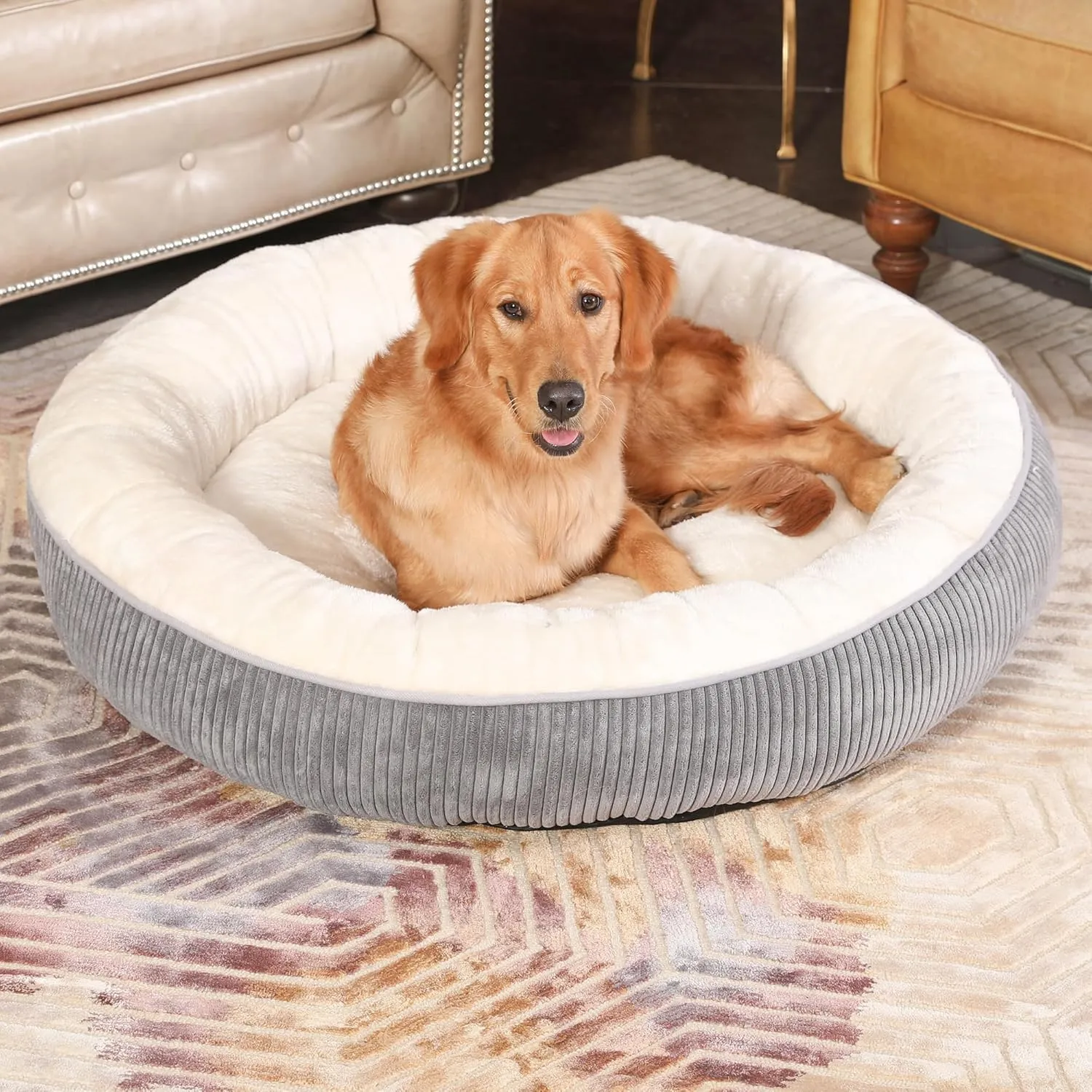 Bedfolks Donut Calming Dog Bed, 36 Inch Round Washable Cuddler with Removable Cover (Dark Grey, Large)
