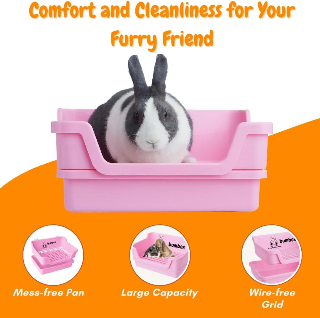 Bumbox Rabbit Large Litter Box w/Plastic Grid Safe for Bunny feet - Training Rabbit Cage Indoor or Outdoor for Small and Large Animal, 15.75in - Pink