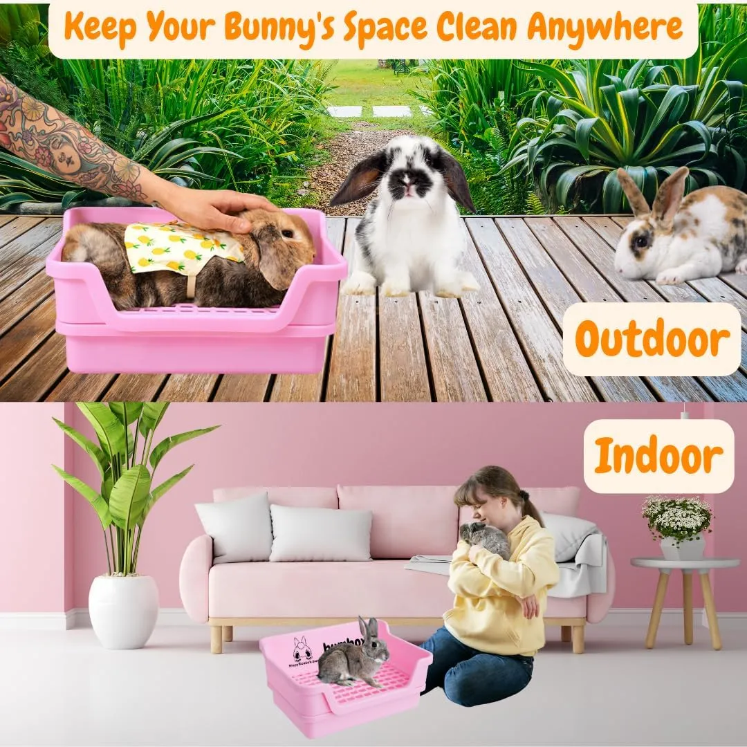 Bumbox Rabbit Large Litter Box w/Plastic Grid Safe for Bunny feet - Training Rabbit Cage Indoor or Outdoor for Small and Large Animal, 15.75in - Pink