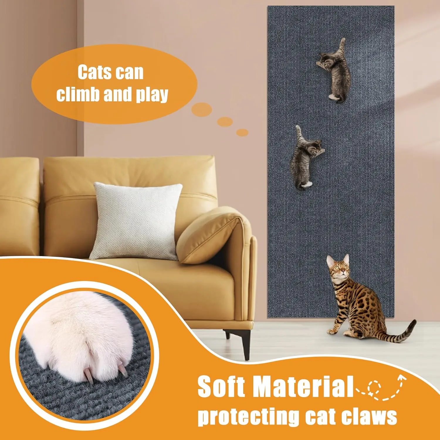 cat Scratching mat Self-Adhesive, Trimmable Furniture Protector for Couch, Sofa, Wall & Cat Trees - Durable Scratch Pad with Nano Tape, DIY Climbing Carpet for Indoor Cats(Dark Grey, 23.6"x15.8")