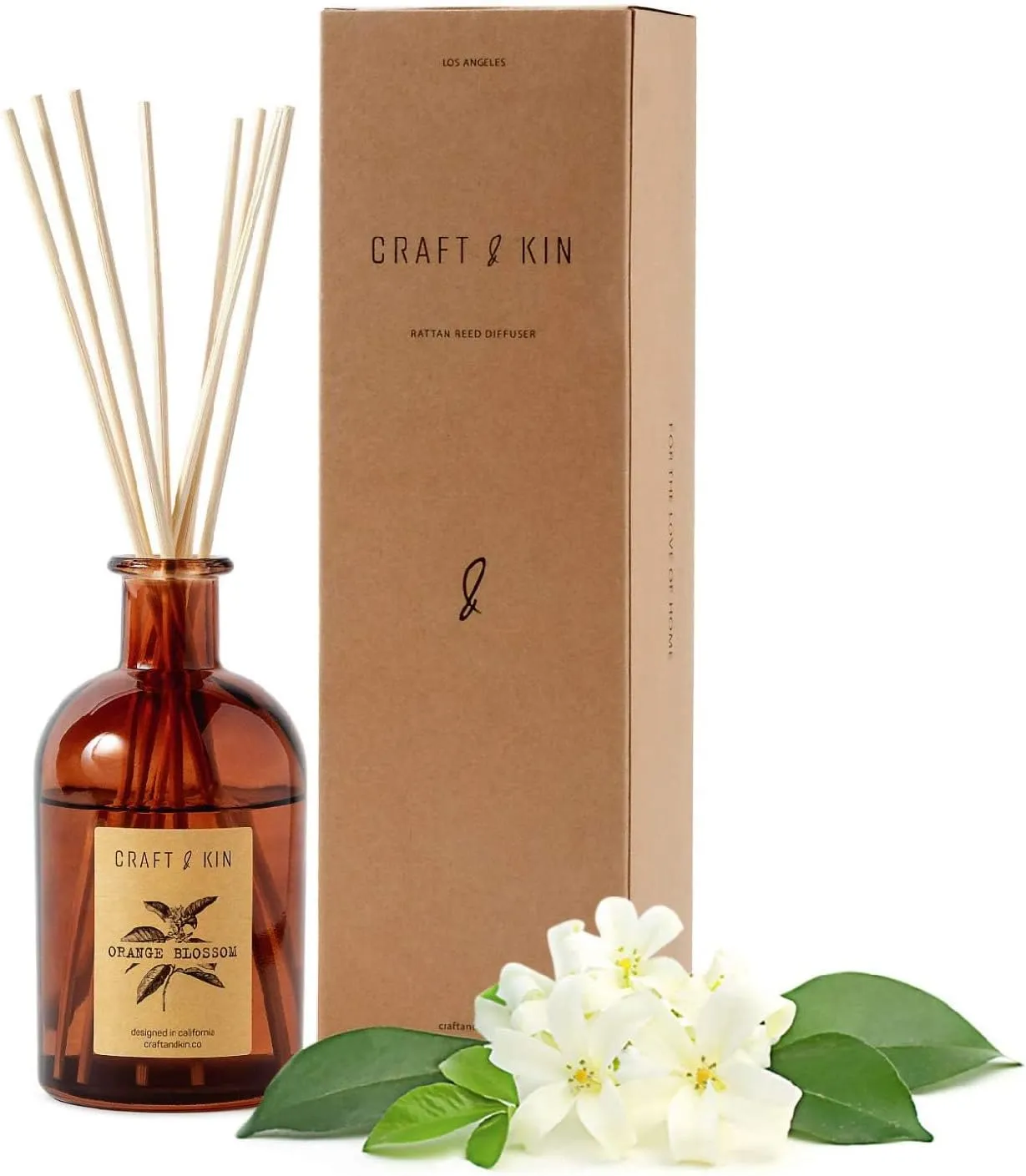 Craft & Kin Sage, Orange Blossom & Lotus Reed Diffuser | All Natural Essential Oil & 8 Rattan Scent Sticks | Reed Diffusers for Home, Bathroom | Long Lasting Home Fragrance in Amber Glass, 5.75oz