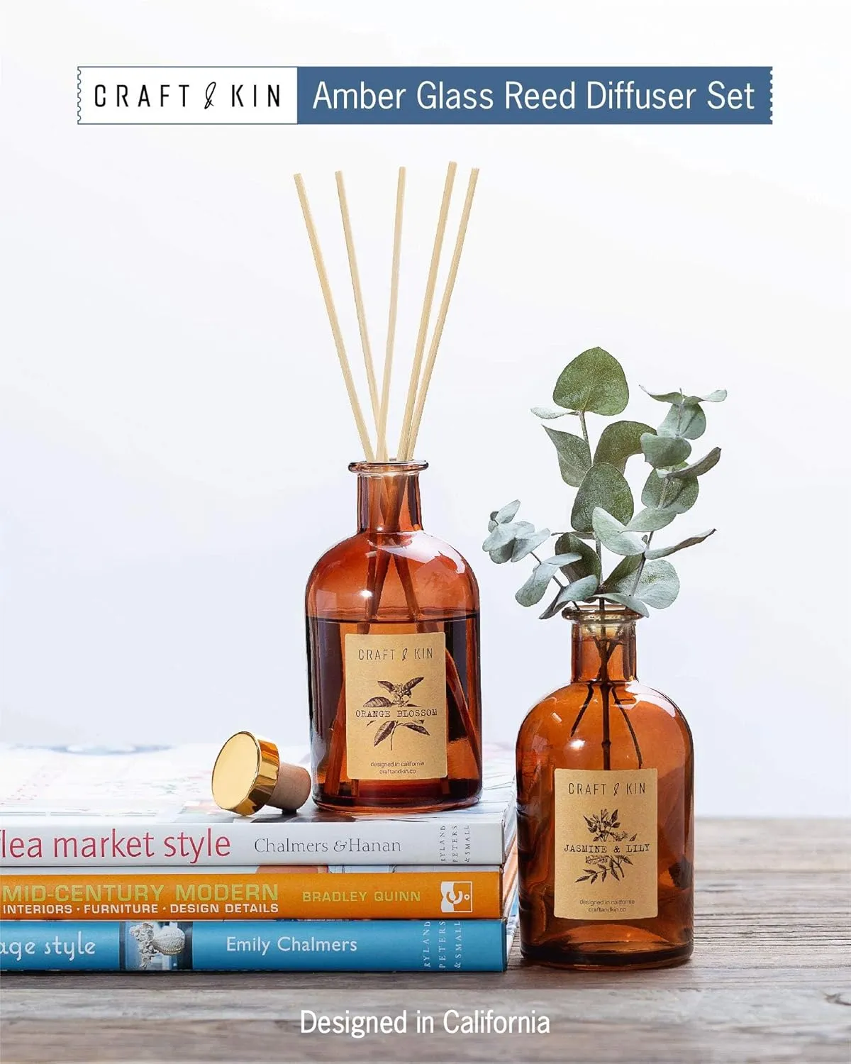 Craft & Kin Sage, Orange Blossom & Lotus Reed Diffuser | All Natural Essential Oil & 8 Rattan Scent Sticks | Reed Diffusers for Home, Bathroom | Long Lasting Home Fragrance in Amber Glass, 5.75oz