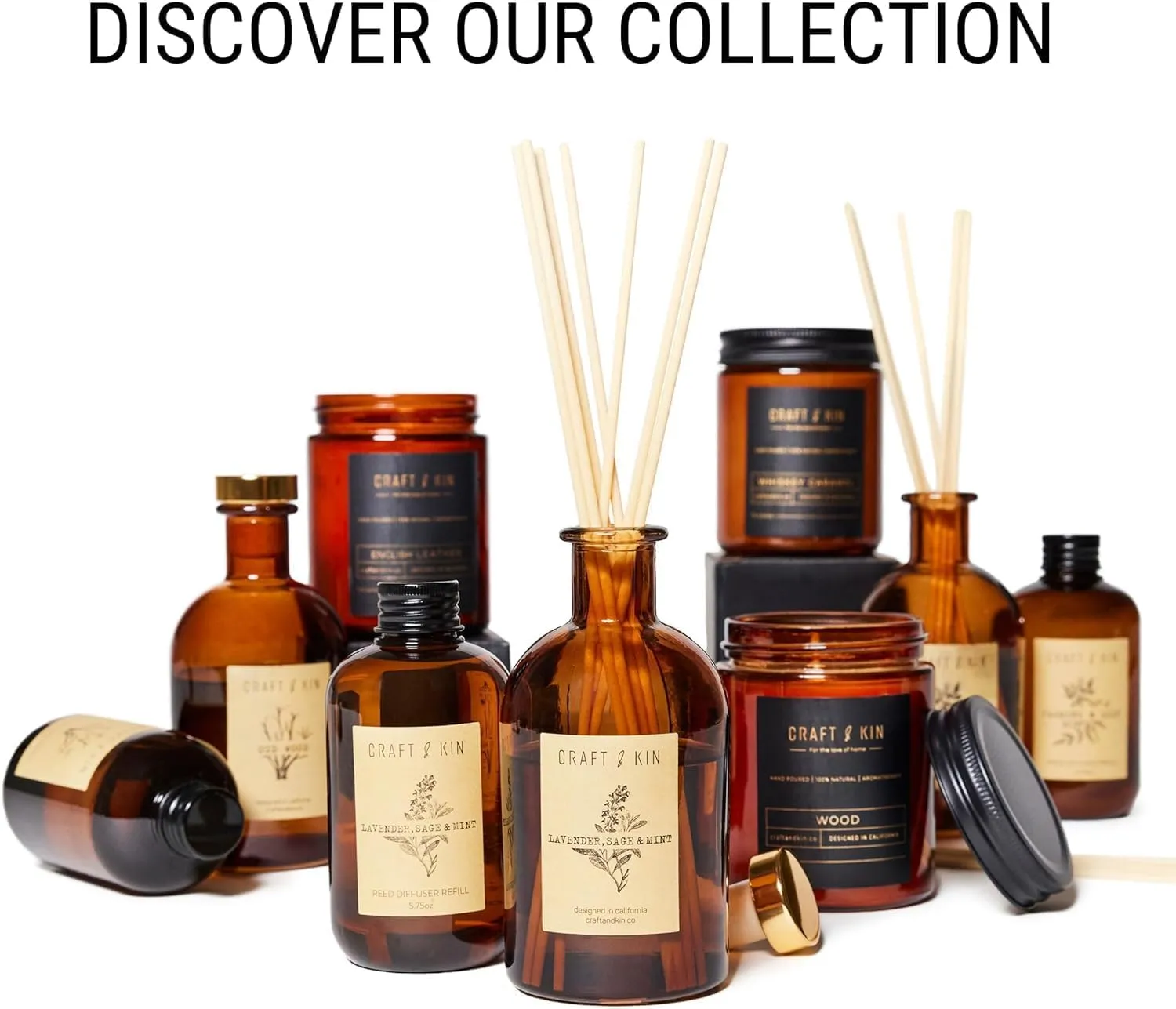 Craft & Kin Sage, Orange Blossom & Lotus Reed Diffuser | All Natural Essential Oil & 8 Rattan Scent Sticks | Reed Diffusers for Home, Bathroom | Long Lasting Home Fragrance in Amber Glass, 5.75oz