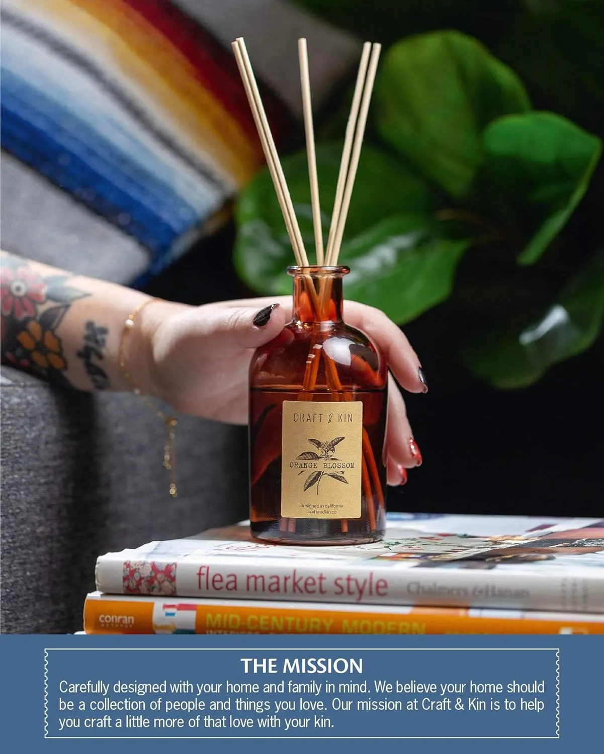 Craft & Kin Sage, Orange Blossom & Lotus Reed Diffuser | All Natural Essential Oil & 8 Rattan Scent Sticks | Reed Diffusers for Home, Bathroom | Long Lasting Home Fragrance in Amber Glass, 5.75oz