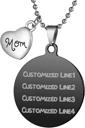 Custom Pet ID Tag Free Engraving Dog Tag Stainless Steel Round Pendant Necklace with Mom Charm - Black