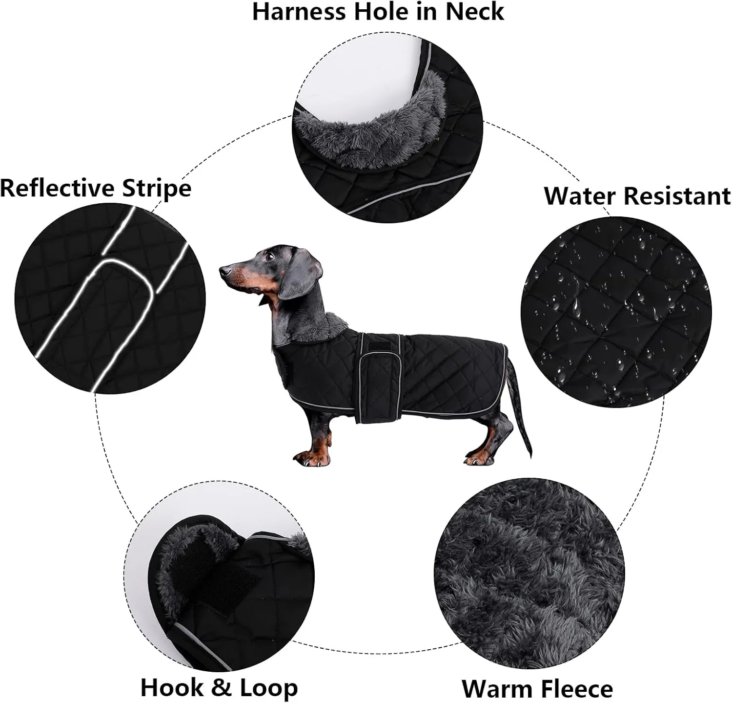 Dachshund Coat Dog Coats for Dachshunds Dachshund Winter Jacket with Padded Fleece Outdoor Dog Clothes with Adjustable Bands - Black - M
