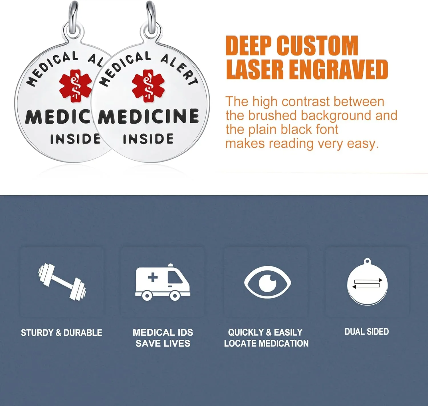Divoti Medicine Inside Bag Tag 1.25" - with Quick Clip | Pre-Engraved Stainless Steel Dual-Sided | Bold Lettering