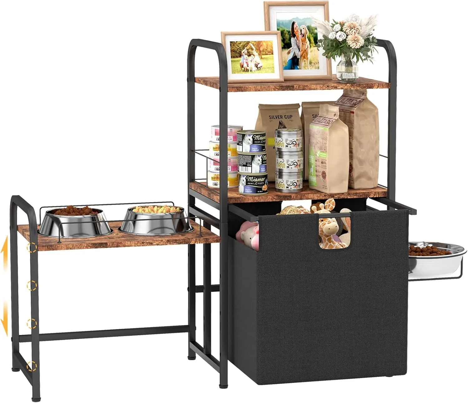 Dog Feeding Station with Storage, 4-layer Adjustable Dog Bowl Stand with Toy Basket, 3 Dog Bowls Elevated for Large/Medium/Small Dogs(Include 1 Dog Bowl)