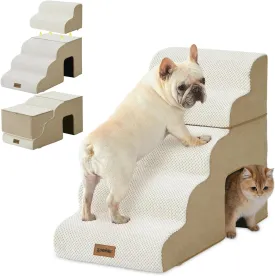 Dog Steps for High Beds - 5 Step 23.8 Pet Stairs with Tunnel 2 in 1 with Zippers Suitable for Small Dogs and Cats, Indoor Cat Ladders with Non-Slip Bottom, Beige