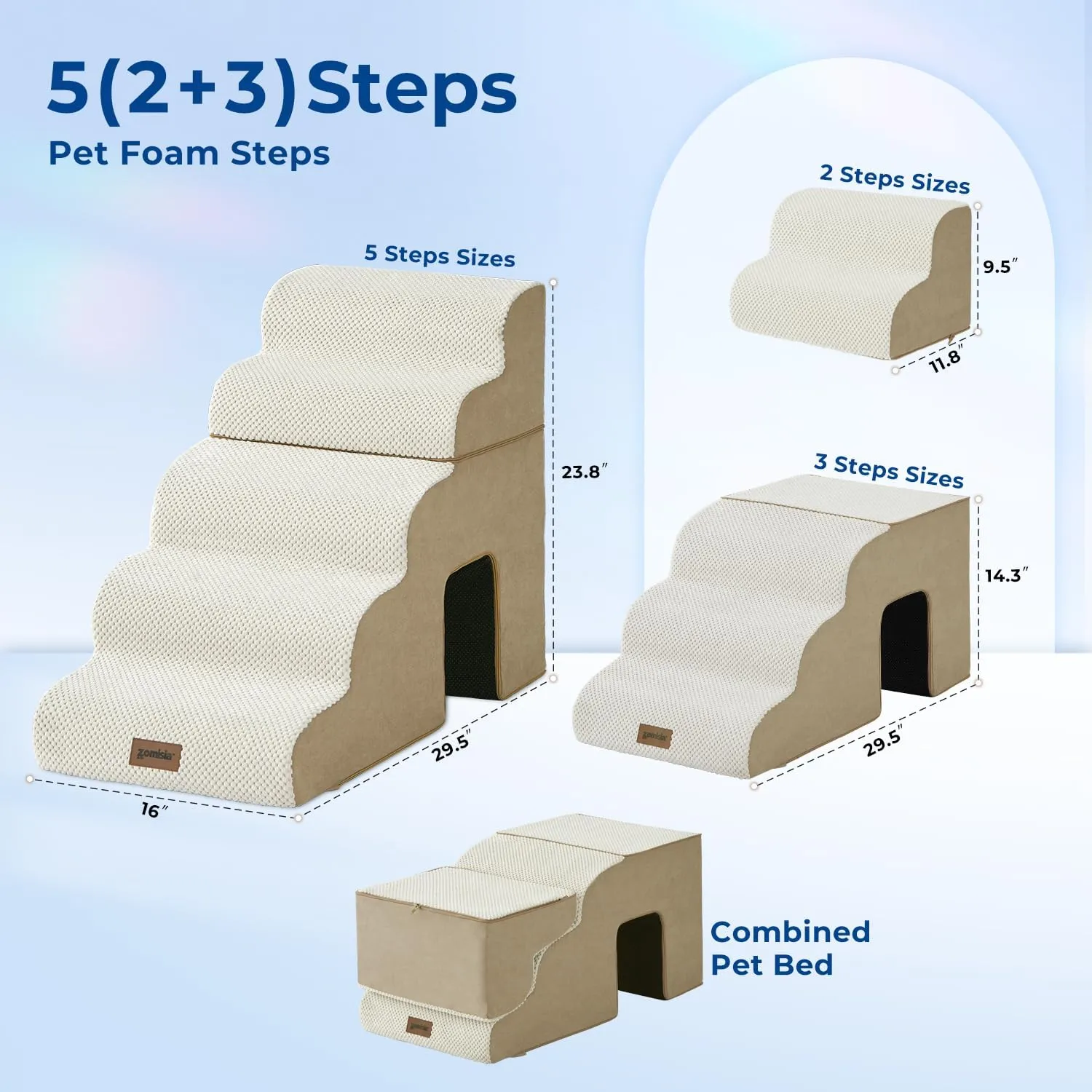 Dog Steps for High Beds - 5 Step 23.8 Pet Stairs with Tunnel 2 in 1 with Zippers Suitable for Small Dogs and Cats, Indoor Cat Ladders with Non-Slip Bottom, Beige