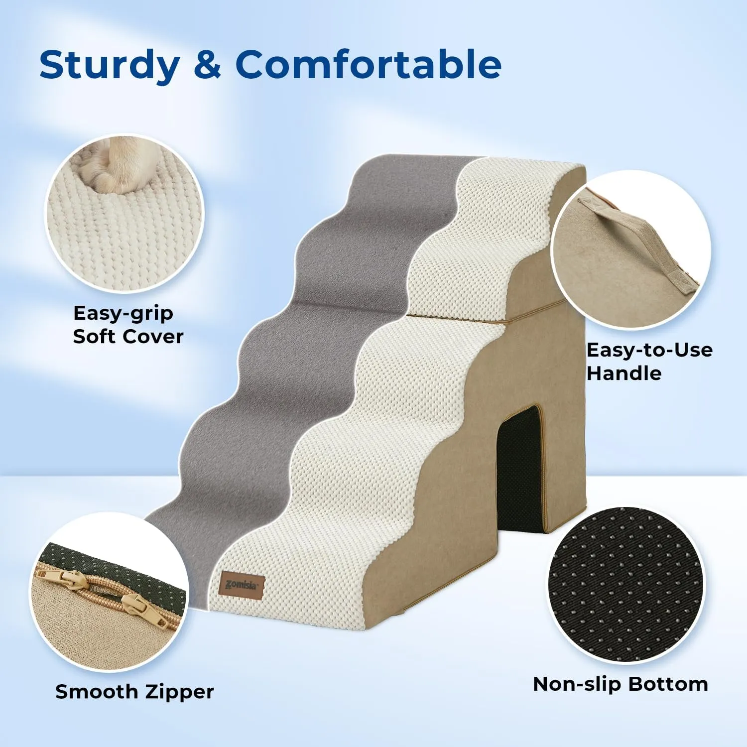 Dog Steps for High Beds - 5 Step 23.8 Pet Stairs with Tunnel 2 in 1 with Zippers Suitable for Small Dogs and Cats, Indoor Cat Ladders with Non-Slip Bottom, Beige