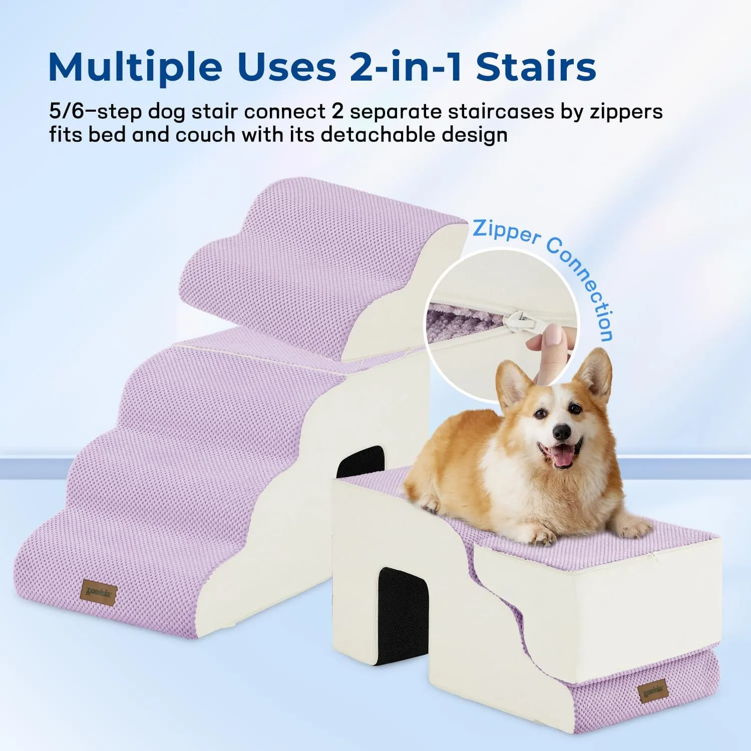 Dog Steps for High Beds - 5 Step 23.8 Pet Stairs with Tunnel 2 in 1 with Zippers Suitable for Small Dogs and Cats, Indoor Cat Ladders with Non-Slip Bottom, Beige