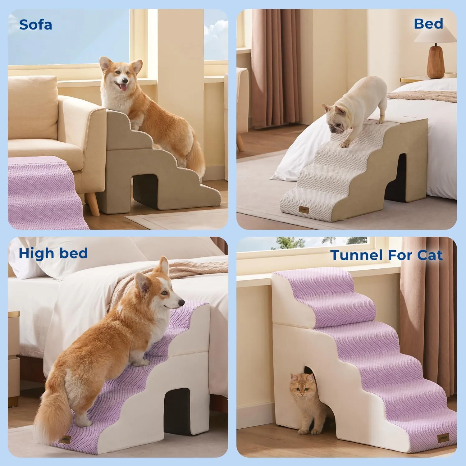 Dog Steps for High Beds - 5 Step 23.8 Pet Stairs with Tunnel 2 in 1 with Zippers Suitable for Small Dogs and Cats, Indoor Cat Ladders with Non-Slip Bottom, Beige