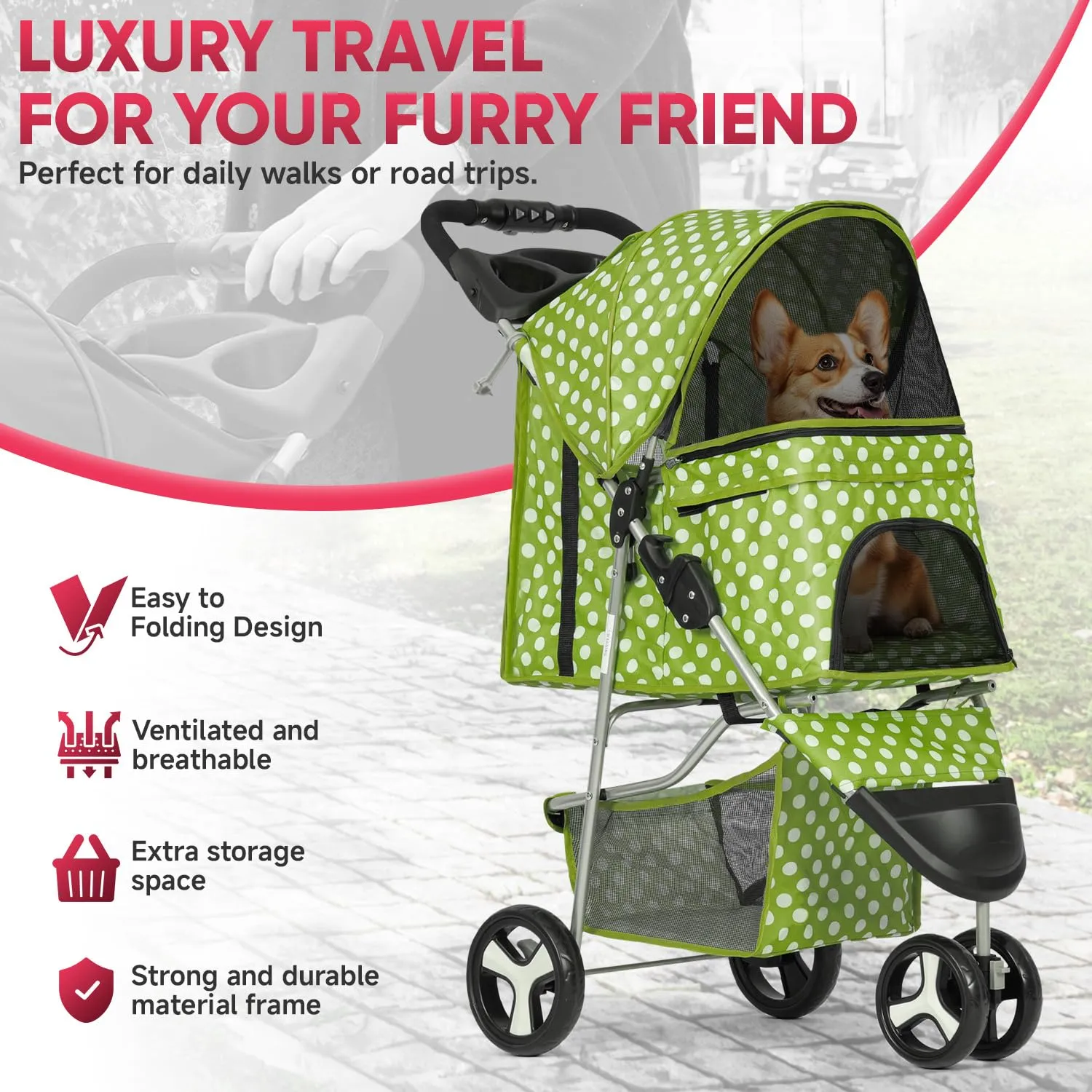 Foldable 3-Wheel Dog Stroller - Breathable Mesh, Cup Holders & Storage Basket for Small/Medium Pets, CAAP-DGS-A78-GND