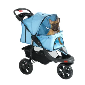 Folding Dog Stroller Travel Cage Stroller for Pet Cat Kitten Puppy Carriages - Large 3 Wheels Elite Jogger - Single or Multiple Pets (Blue - 1 cage)