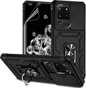 for Samsung Galaxy S20 Ultra Case with Camera Lens Cover HD Screen Protector, Military-Grade Drop Tested Magnetic Ring Holder Kickstand Protective Phone Case for Samsung Galaxy S20 Ultra 5G (Black)