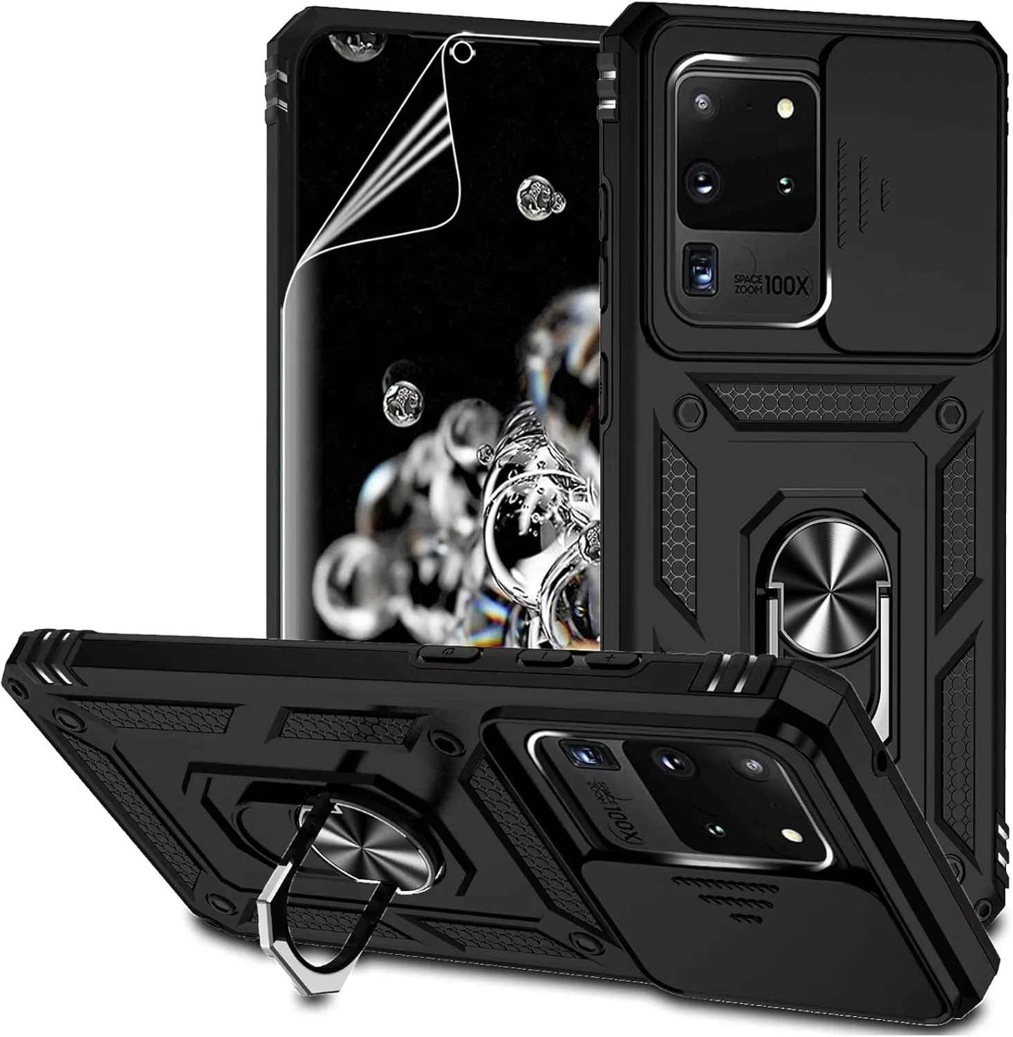 for Samsung Galaxy S20 Ultra Case with Camera Lens Cover HD Screen Protector, Military-Grade Drop Tested Magnetic Ring Holder Kickstand Protective Phone Case for Samsung Galaxy S20 Ultra 5G (Black)