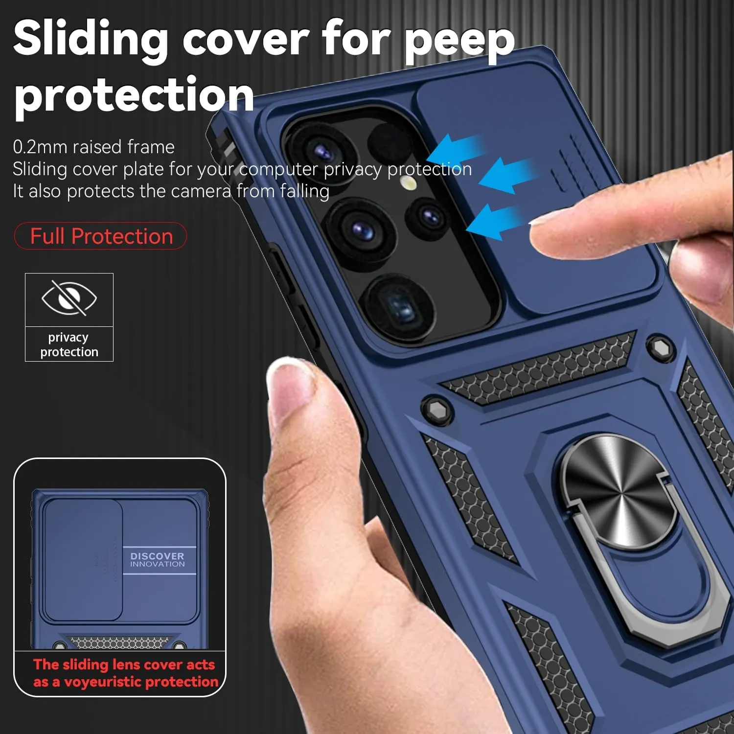 for Samsung Galaxy S24 Ultra Case with Camera Lens Cover HD Screen Protector, Military-Grade Drop Tested Magnetic Ring Holder Kickstand Protective Phone Case for Samsung Galaxy S24 Ultra (Navy Blue)