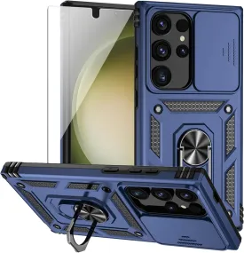 for Samsung Galaxy S24 Ultra Case with Camera Lens Cover HD Screen Protector, Military-Grade Drop Tested Magnetic Ring Holder Kickstand Protective Phone Case for Samsung Galaxy S24 Ultra (Navy Blue)