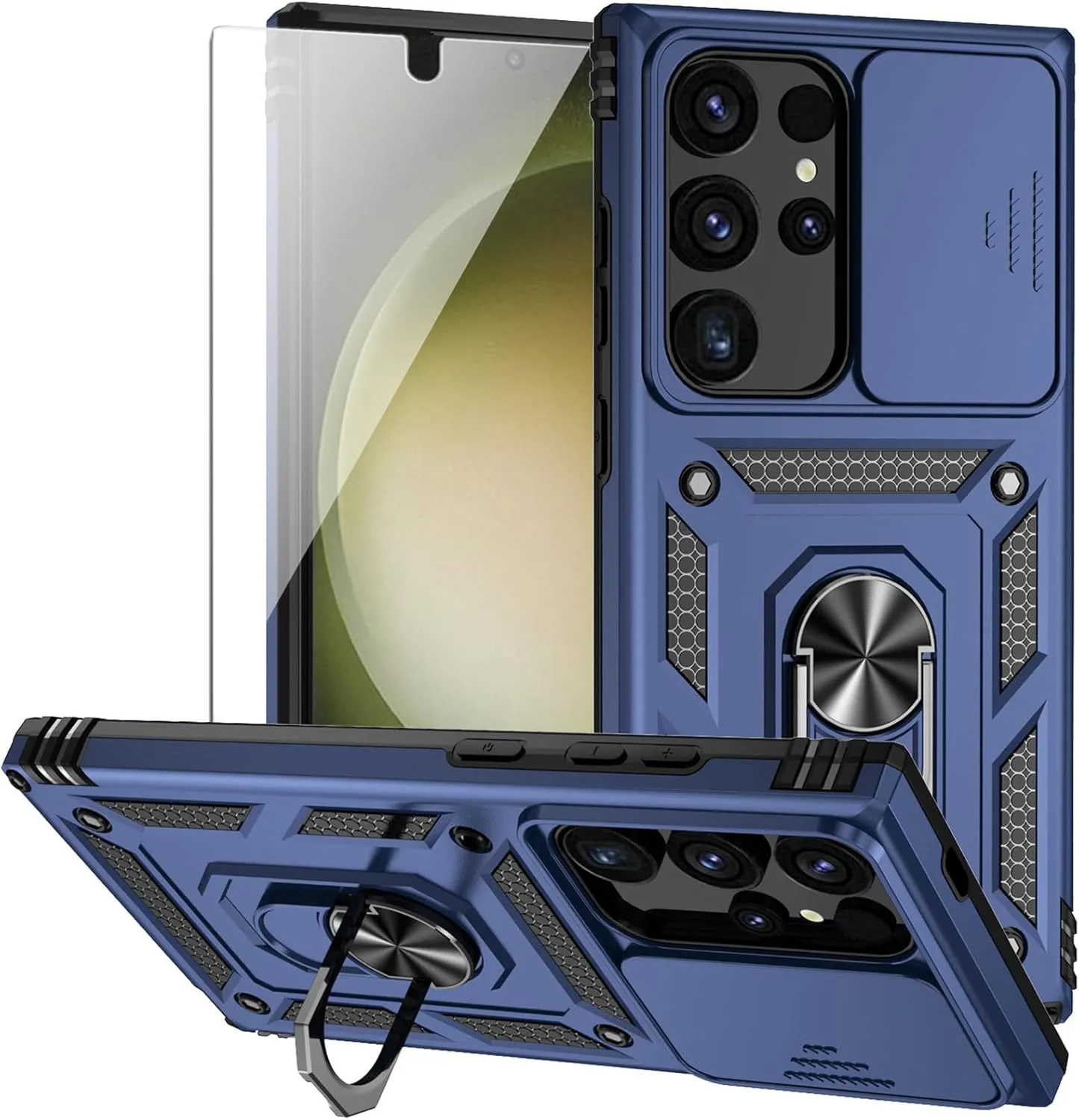 for Samsung Galaxy S24 Ultra Case with Camera Lens Cover HD Screen Protector, Military-Grade Drop Tested Magnetic Ring Holder Kickstand Protective Phone Case for Samsung Galaxy S24 Ultra (Navy Blue)