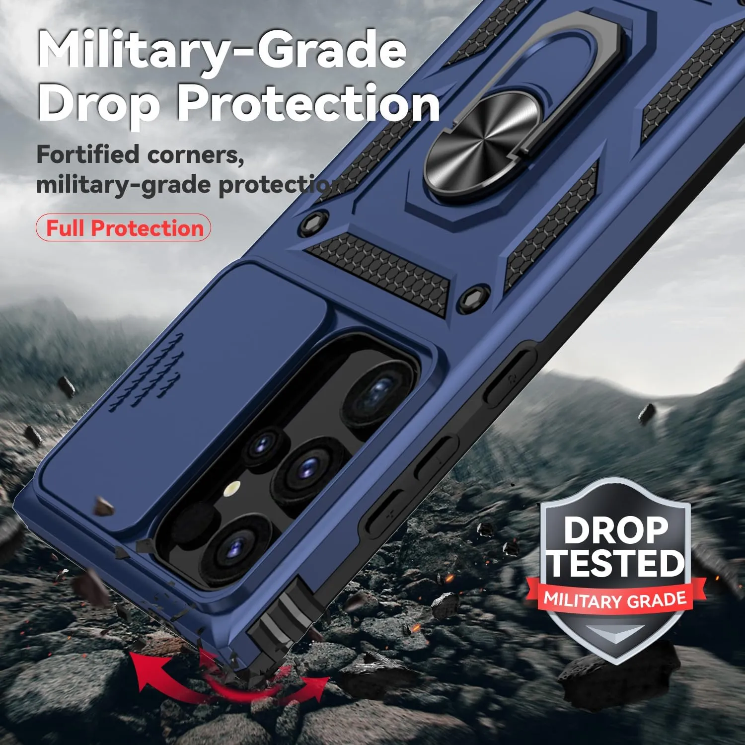 for Samsung Galaxy S24 Ultra Case with Camera Lens Cover HD Screen Protector, Military-Grade Drop Tested Magnetic Ring Holder Kickstand Protective Phone Case for Samsung Galaxy S24 Ultra (Navy Blue)