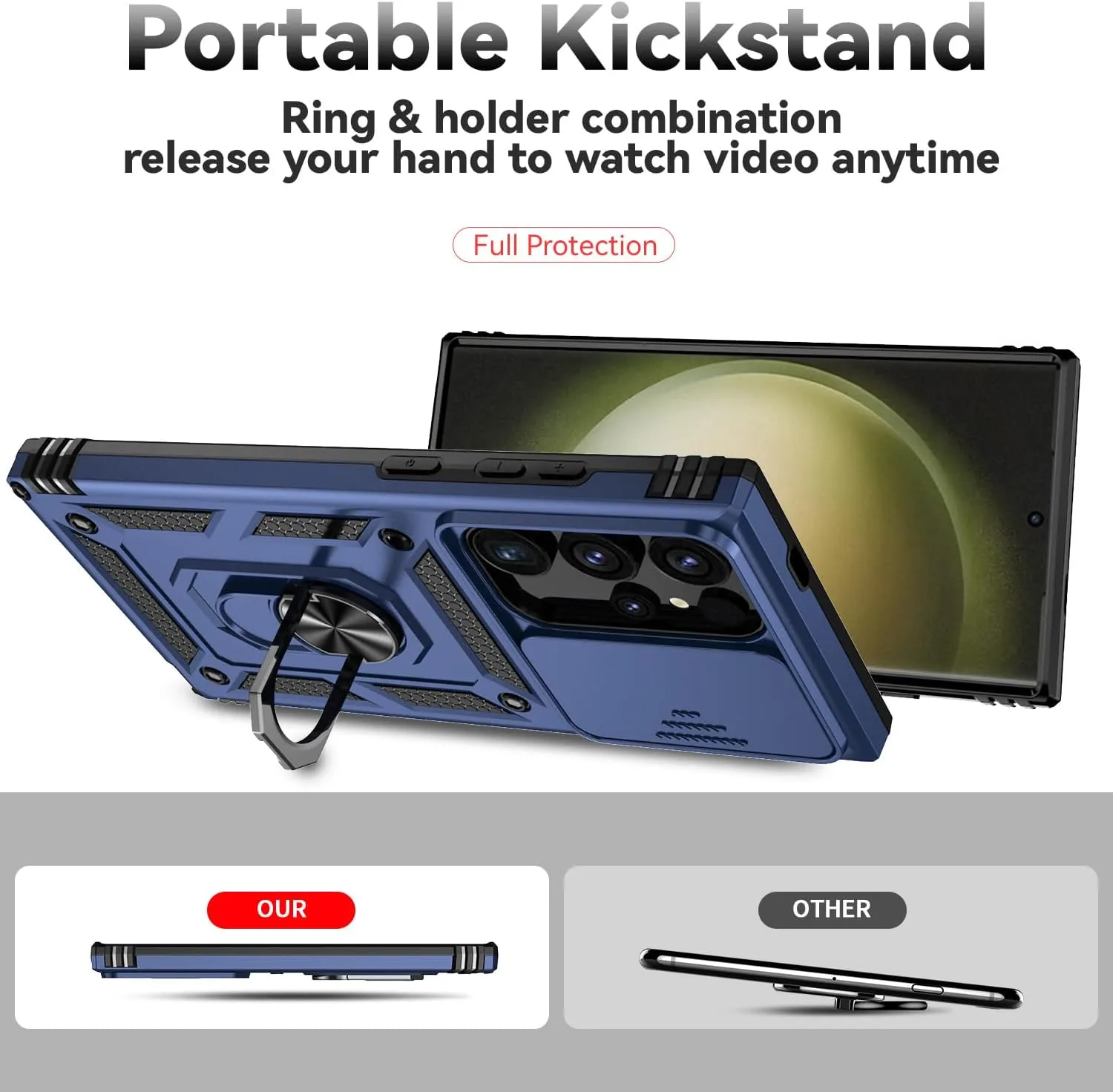 for Samsung Galaxy S24 Ultra Case with Camera Lens Cover HD Screen Protector, Military-Grade Drop Tested Magnetic Ring Holder Kickstand Protective Phone Case for Samsung Galaxy S24 Ultra (Navy Blue)