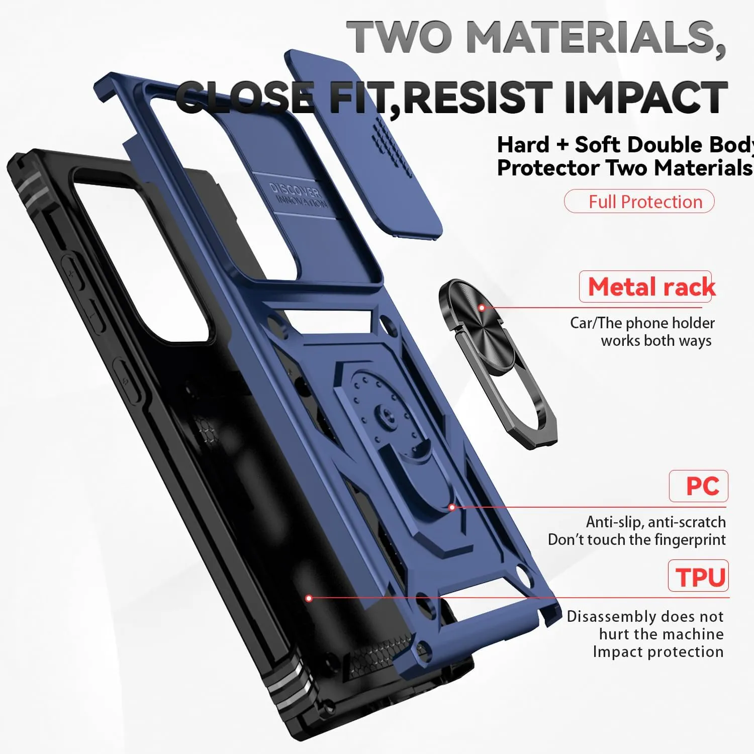 for Samsung Galaxy S24 Ultra Case with Camera Lens Cover HD Screen Protector, Military-Grade Drop Tested Magnetic Ring Holder Kickstand Protective Phone Case for Samsung Galaxy S24 Ultra (Navy Blue)