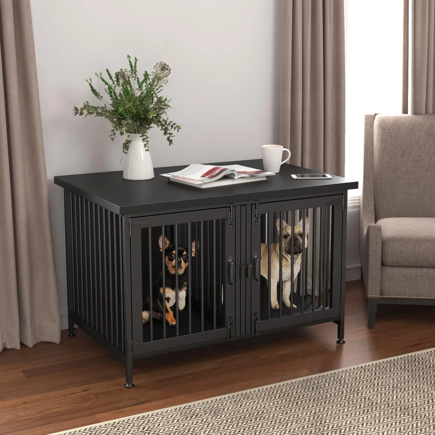 GDLF Double Dog Crate with Divider for 2 Small or 1 Dog, Furniture Style Kennel Indoor Cage with Removable Panel (Int.dims:36.2Wx24.5Dx21H), Black