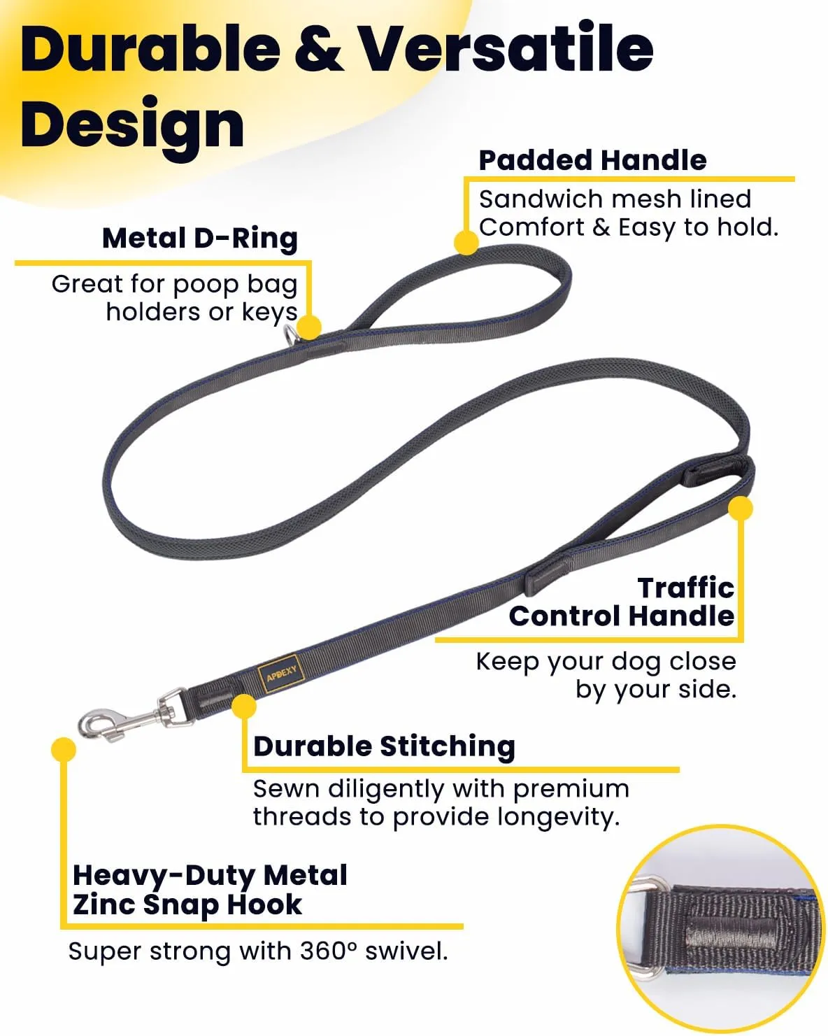 Heavy Duty Two Handle Dog Leash, Double Handles for Extral Control and Training, Dual Handles Leads, 6FT Long, Large Medium Small Dogs (Blue/Grey, 3/4'' X 6ft.)