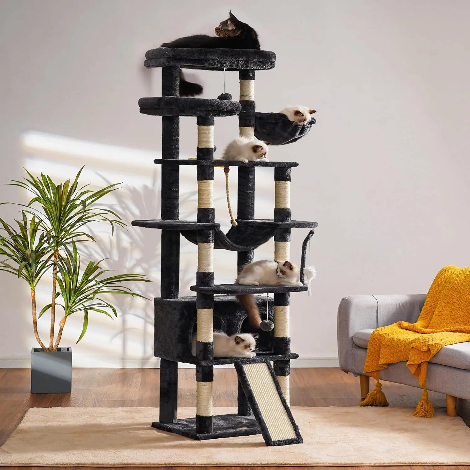 Heybly Tall Cat Tree,78 inch Multi-Level Cat Tower for Indoor Cats,2 Widened Plush Perches Cat Condo with Scratching Board and Big Caves,Smoky Gray HCT033G