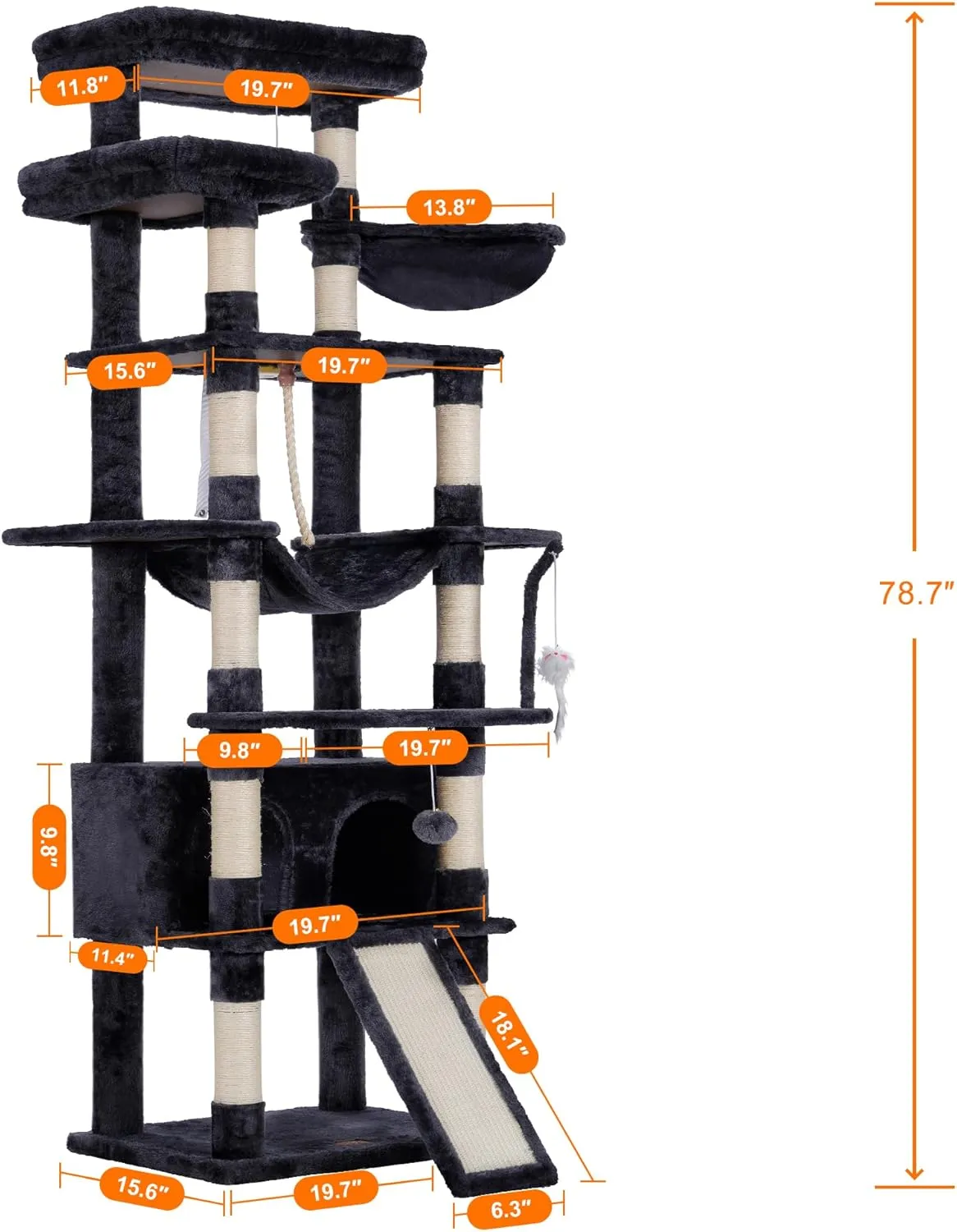 Heybly Tall Cat Tree,78 inch Multi-Level Cat Tower for Indoor Cats,2 Widened Plush Perches Cat Condo with Scratching Board and Big Caves,Smoky Gray HCT033G