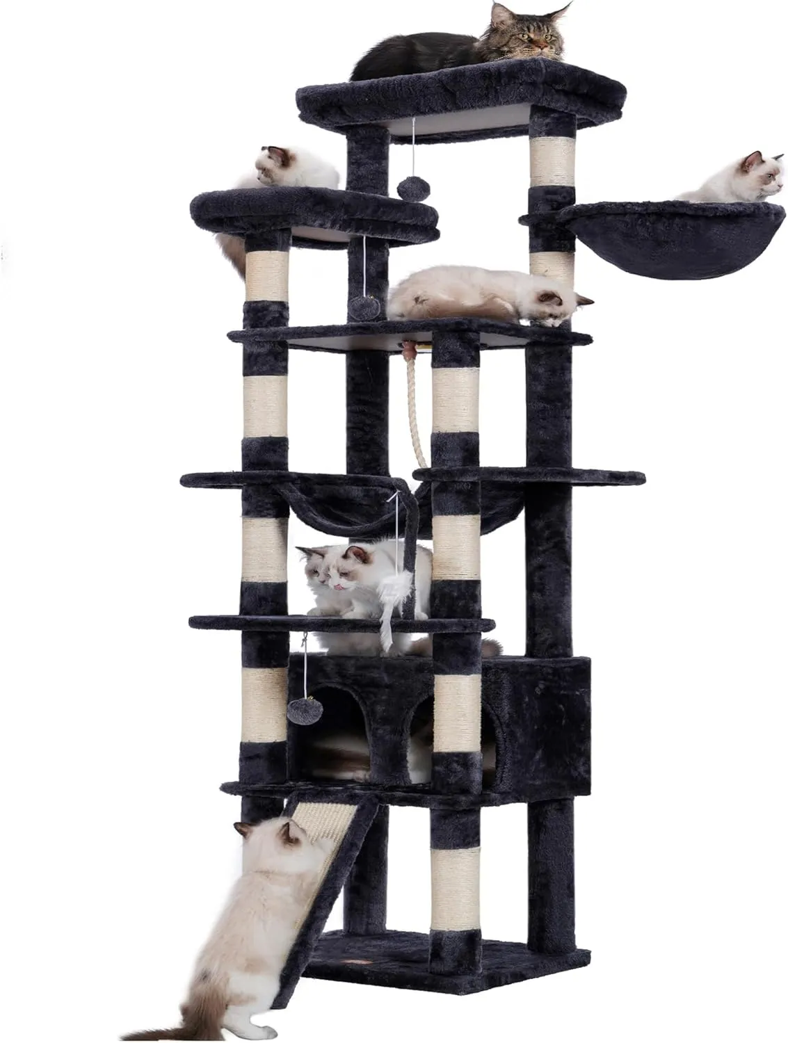 Heybly Tall Cat Tree,78 inch Multi-Level Cat Tower for Indoor Cats,2 Widened Plush Perches Cat Condo with Scratching Board and Big Caves,Smoky Gray HCT033G