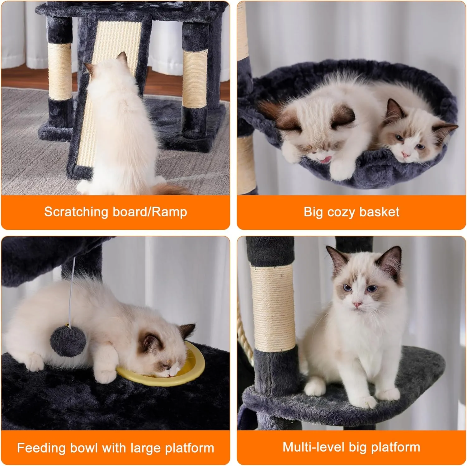 Heybly Tall Cat Tree,78 inch Multi-Level Cat Tower for Indoor Cats,2 Widened Plush Perches Cat Condo with Scratching Board and Big Caves,Smoky Gray HCT033G