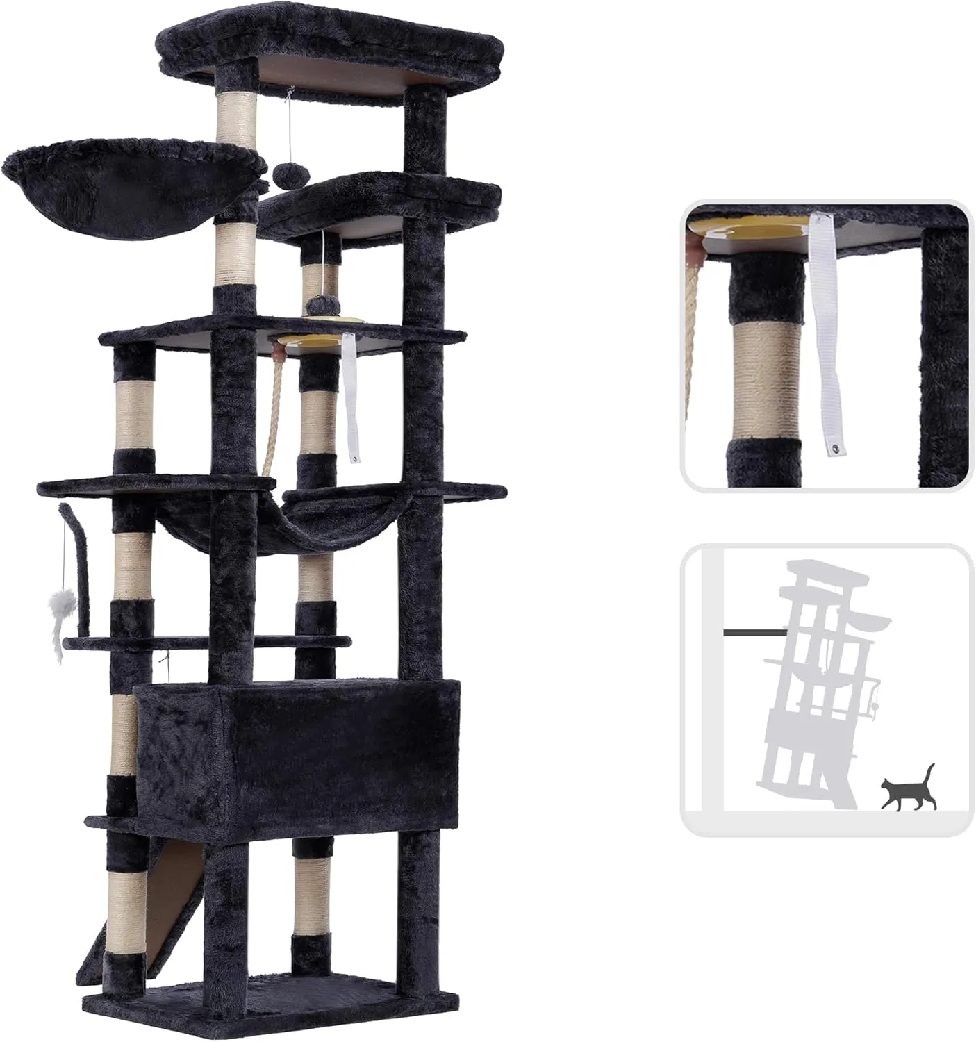 Heybly Tall Cat Tree,78 inch Multi-Level Cat Tower for Indoor Cats,2 Widened Plush Perches Cat Condo with Scratching Board and Big Caves,Smoky Gray HCT033G