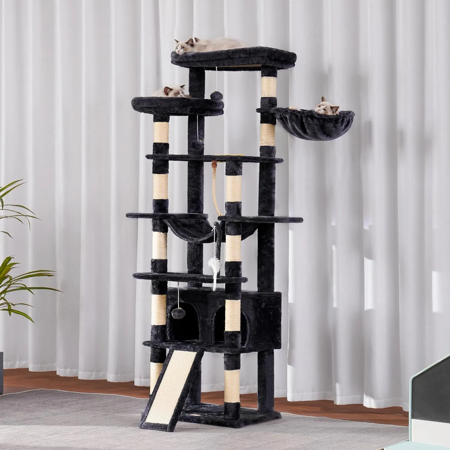 Heybly Tall Cat Tree,78 inch Multi-Level Cat Tower for Indoor Cats,2 Widened Plush Perches Cat Condo with Scratching Board and Big Caves,Smoky Gray HCT033G