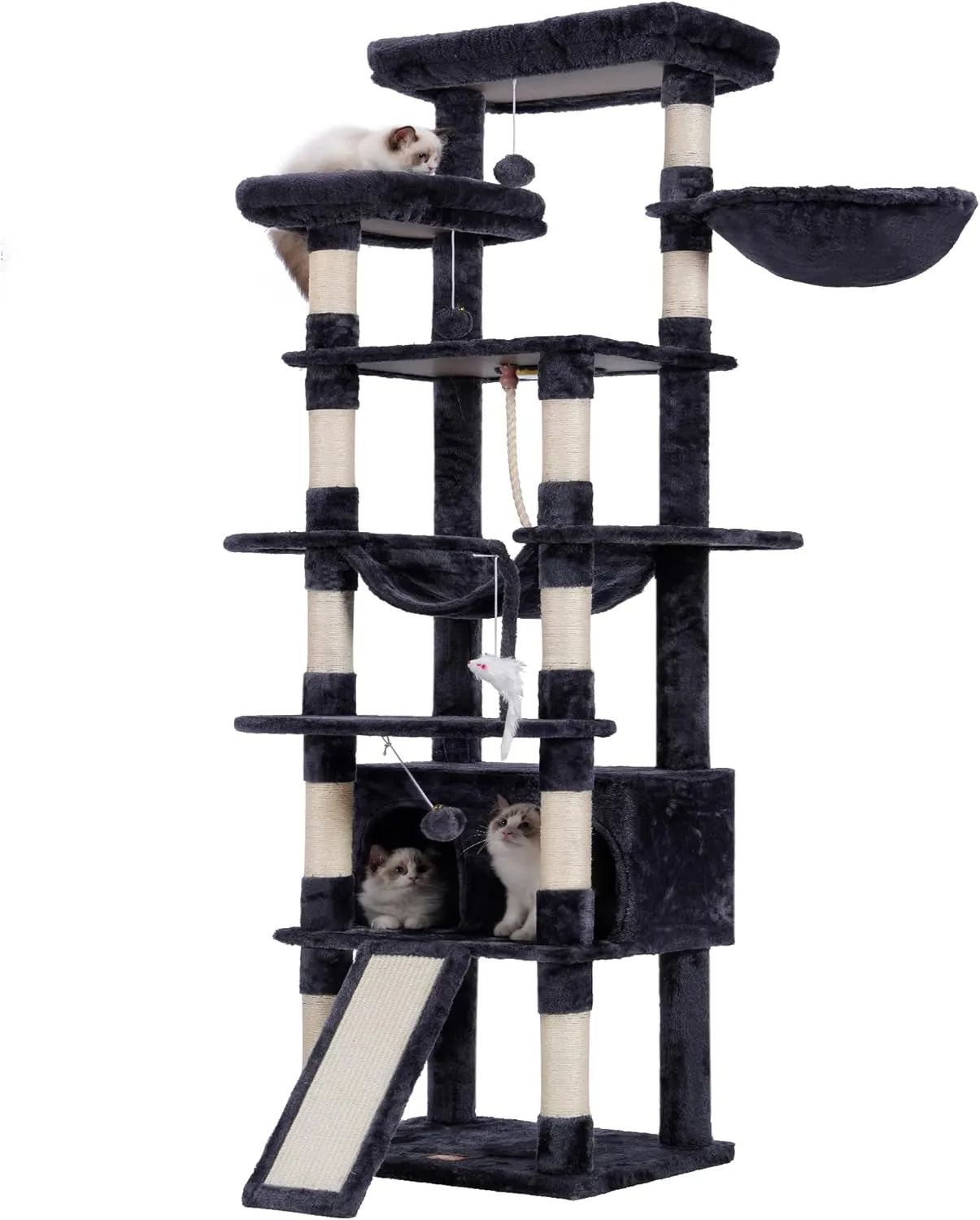 Heybly Tall Cat Tree,78 inch Multi-Level Cat Tower for Indoor Cats,2 Widened Plush Perches Cat Condo with Scratching Board and Big Caves,Smoky Gray HCT033G