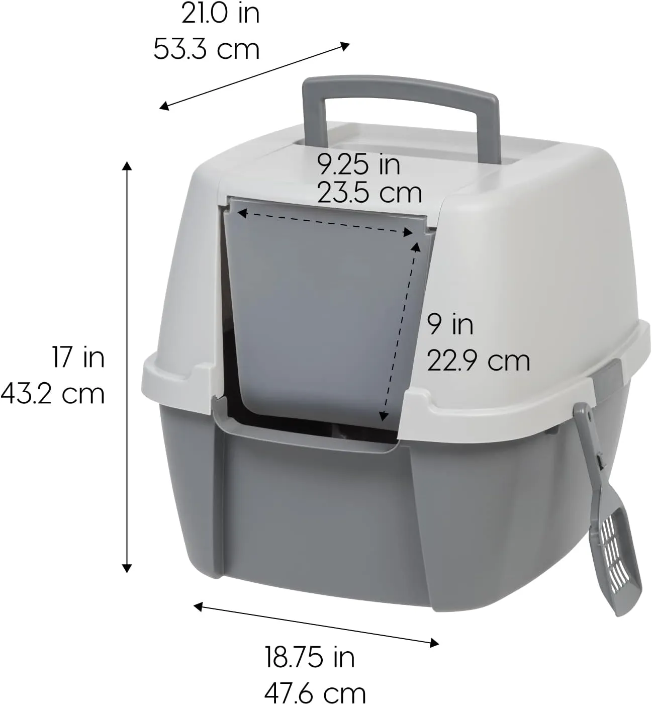 IRIS USA Cat Litter Box with Front Door Flap and Scoop, Covered Kitty Box with Handle and Buckles for Portability and Privacy, Dark Gray