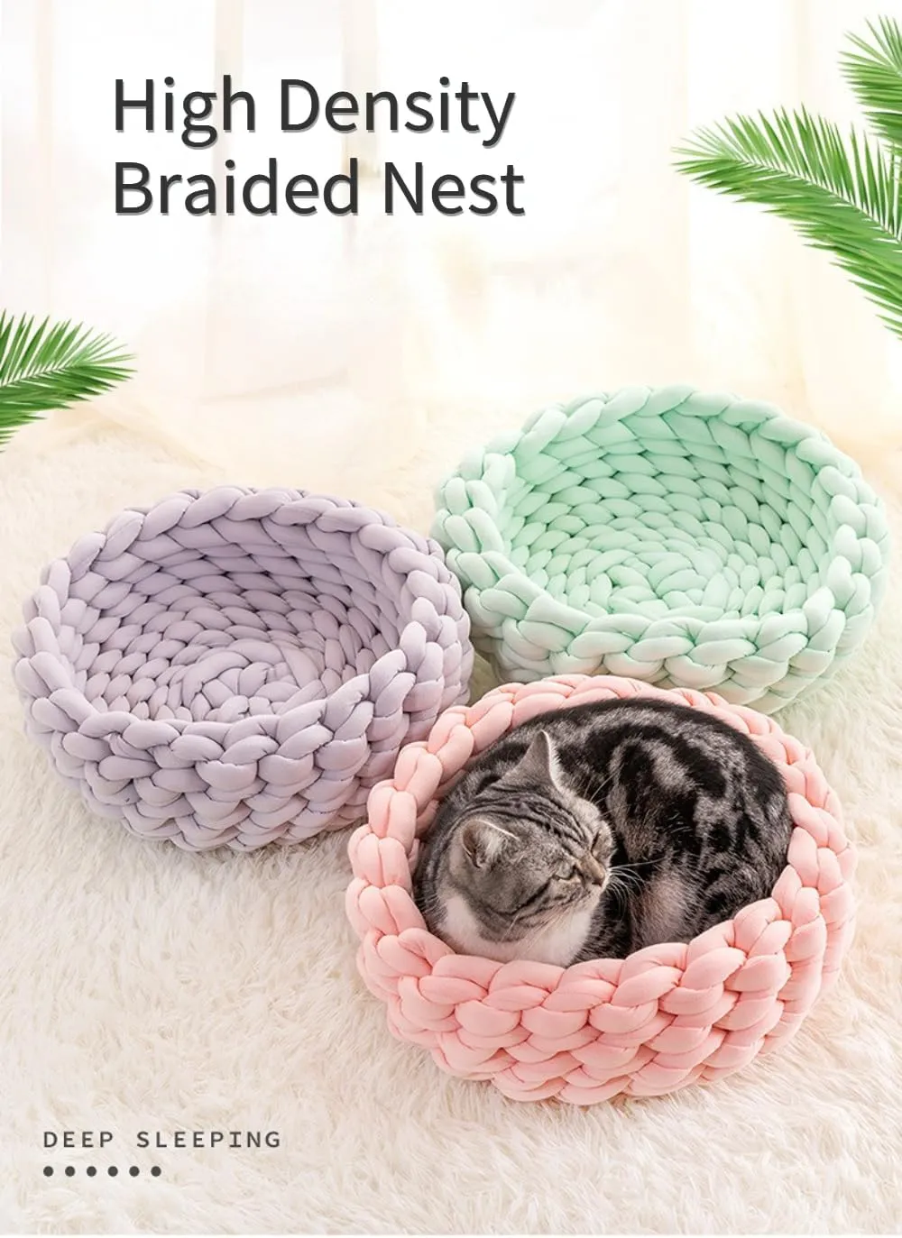 Knitted Cotton Cat Bed Round Washable Woven Cat Pet Bed for Puppy Kitten with Coarse Wool (Dark Gray,Dia. 11.8 inches)