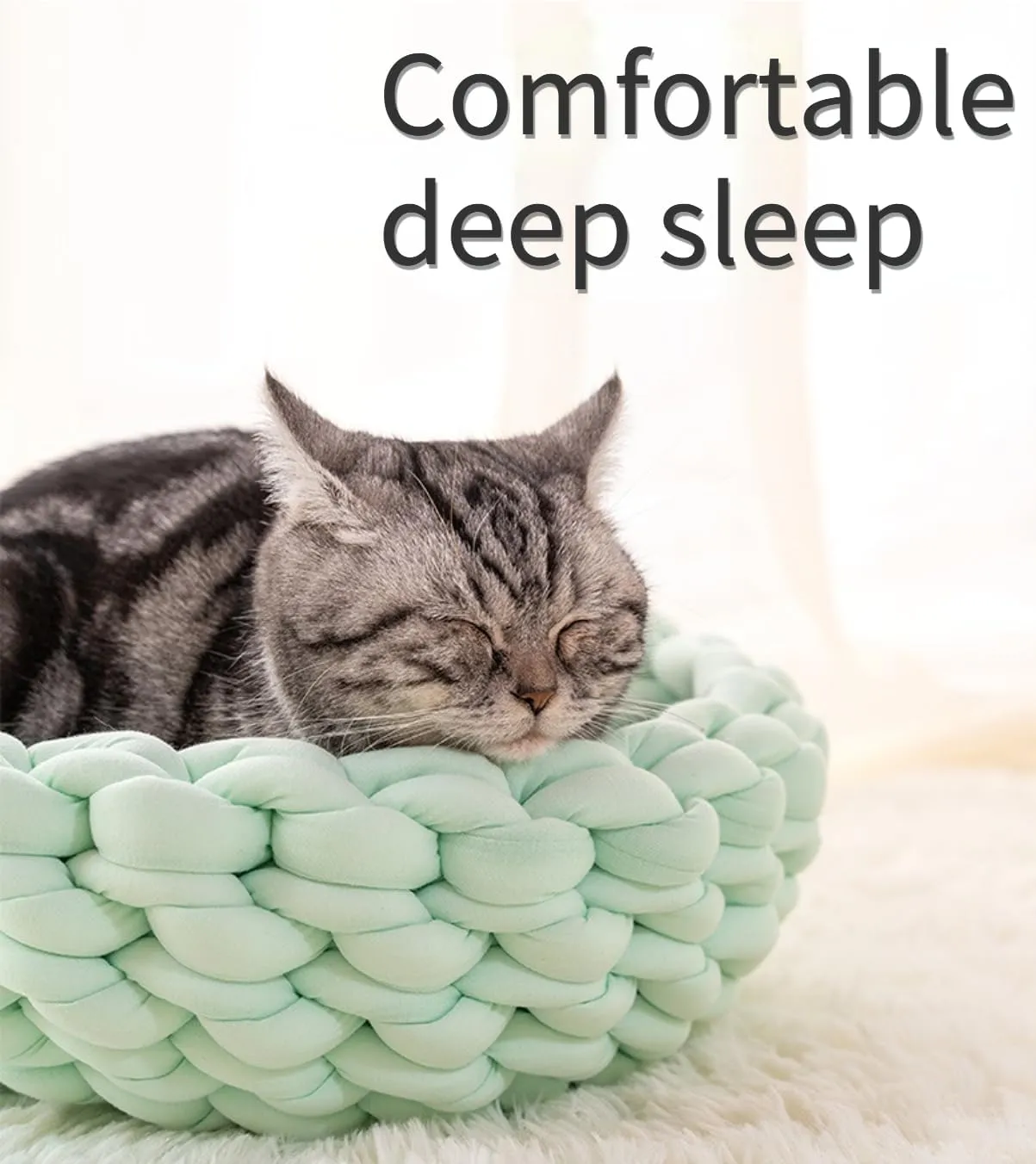 Knitted Cotton Cat Bed Round Washable Woven Cat Pet Bed for Puppy Kitten with Coarse Wool (Dark Gray,Dia. 11.8 inches)