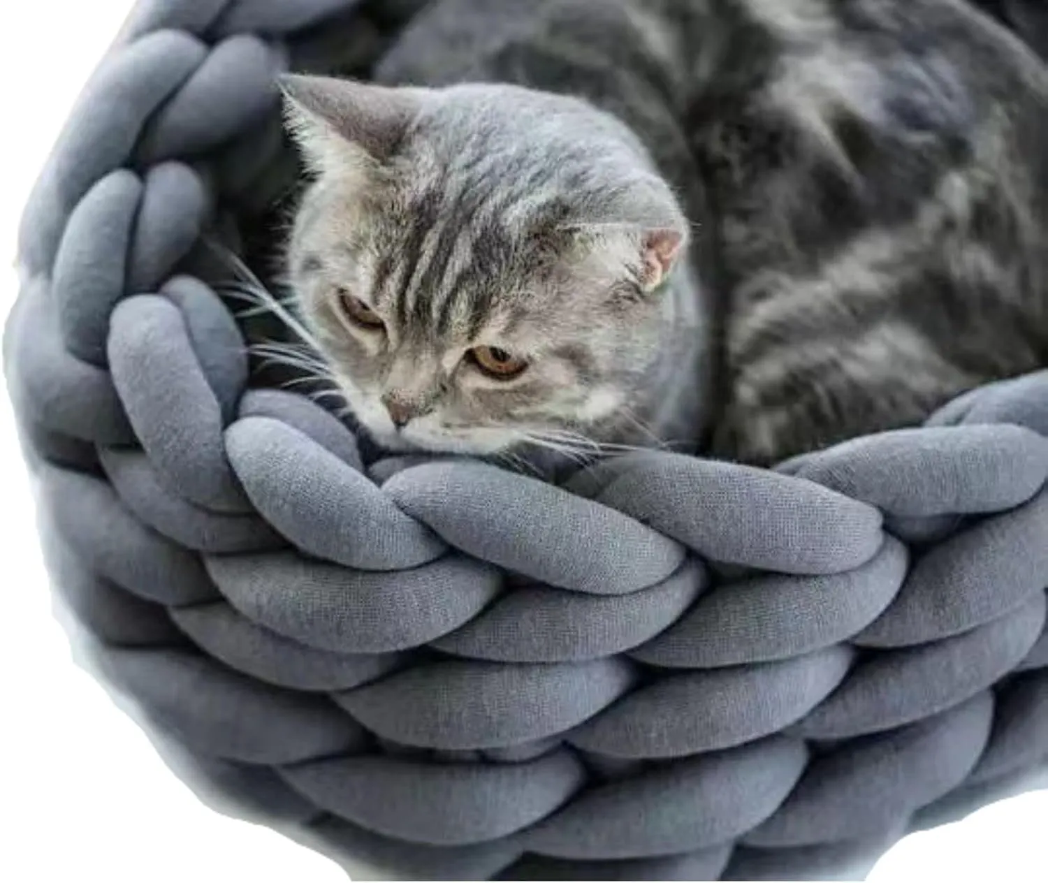 Knitted Cotton Cat Bed Round Washable Woven Cat Pet Bed for Puppy Kitten with Coarse Wool (Dark Gray,Dia. 11.8 inches)