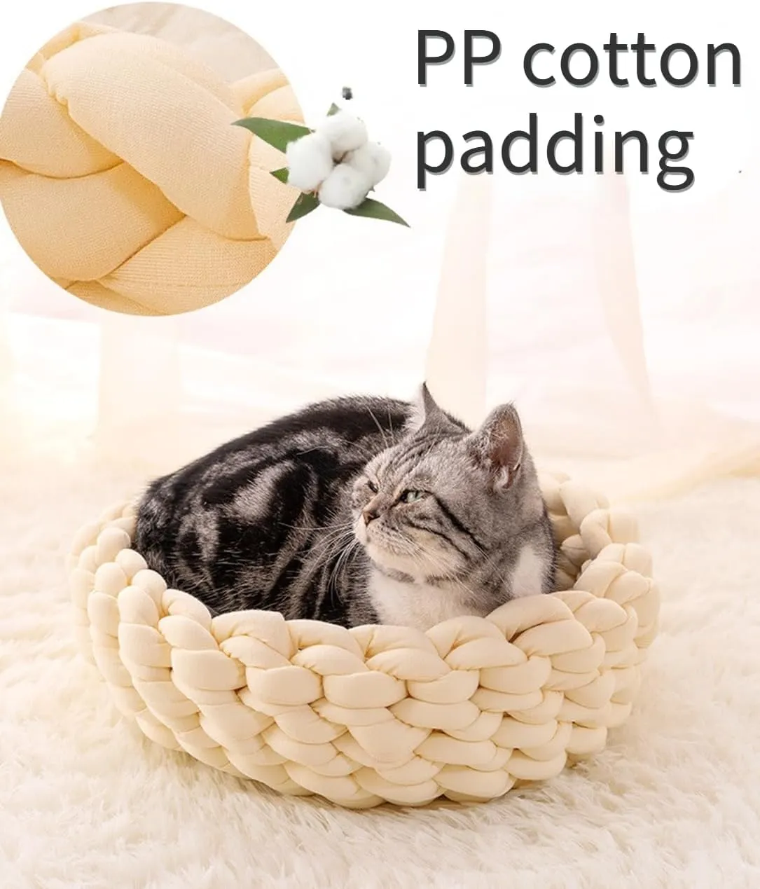 Knitted Cotton Cat Bed Round Washable Woven Cat Pet Bed for Puppy Kitten with Coarse Wool (Dark Gray,Dia. 11.8 inches)