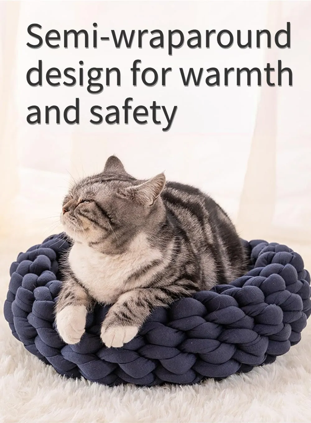 Knitted Cotton Cat Bed Round Washable Woven Cat Pet Bed for Puppy Kitten with Coarse Wool (Dark Gray,Dia. 11.8 inches)